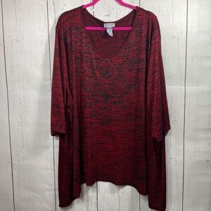 Catherines Red Black Embellished Knit Top 4X Plus Size Tunic Lagenlook Holiday